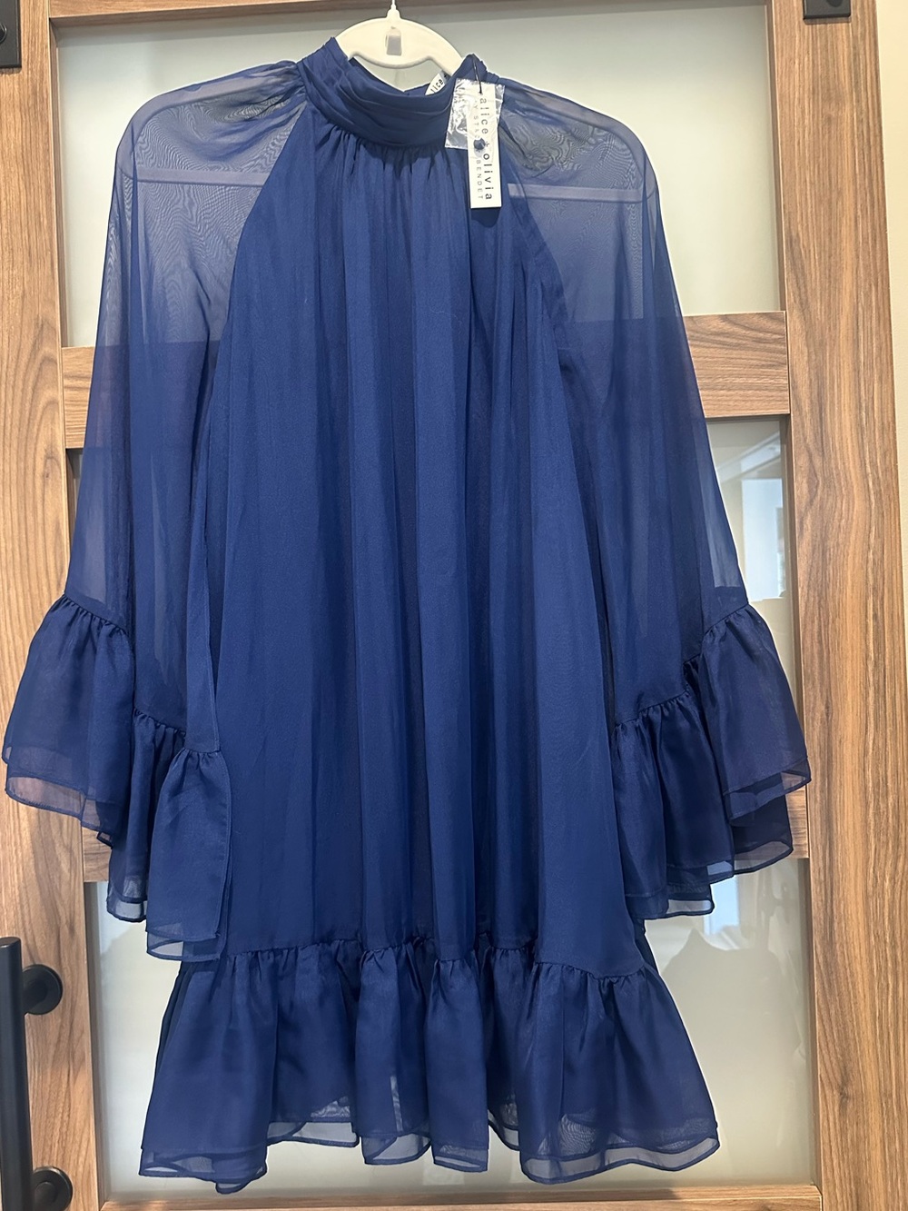NWT Alice + Olivia Navy Blue Chiffon Cape Sleeve Mini Dress